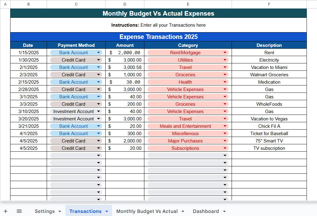 Monthly Budget Vs Actual Expenses Tracker (Google Sheet) - Image 3